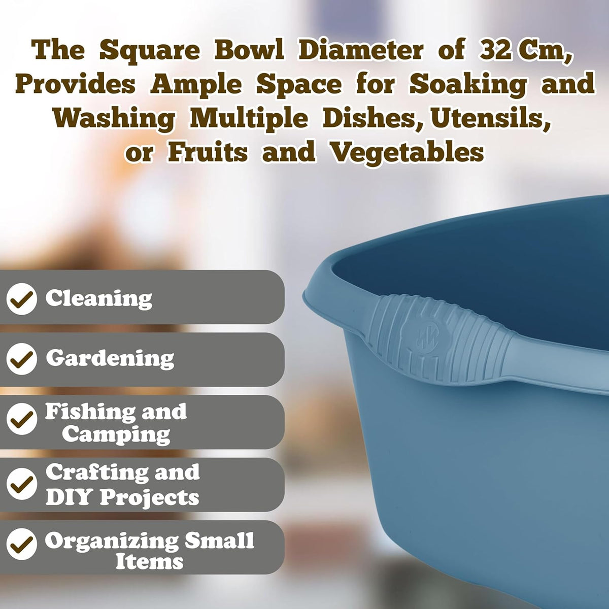 Wham Square Casa Bowl 32cm Navy 17207 | Durable Plastic Mixing and Washing Bowl | Lightweight and Easy to Clean | Ideal for Kitchen-Laundry and Household Use