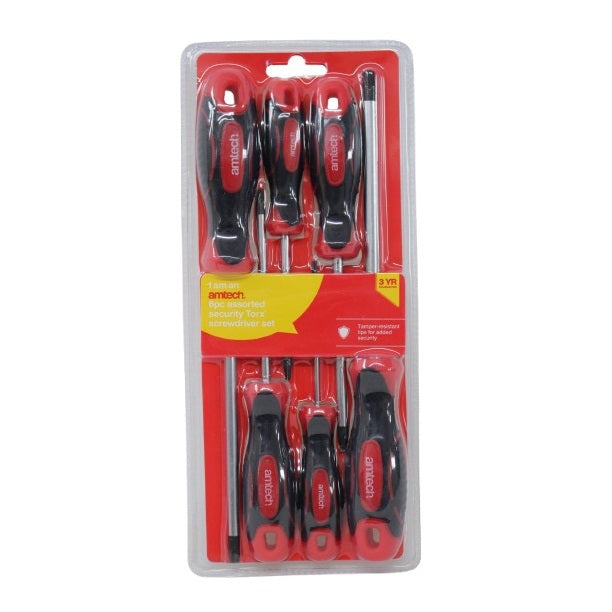 Amtech Secutiry Torx Screwdriver Set Red and Black Pack of 6 L0666 | Two-tone Soft Grip | Tamper-resistant Tips | Hardened Carbon Steel Shafts | Sizes - T10 | T15 | T20 | T25 | T30 | T40