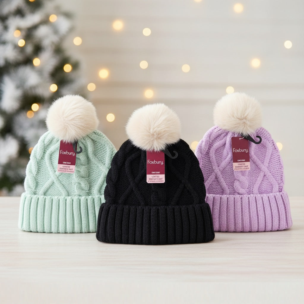 Foxbury Ladies Cable Hat with Contrast Bobble Assorted Colours One Size Pack of 1 GL1039