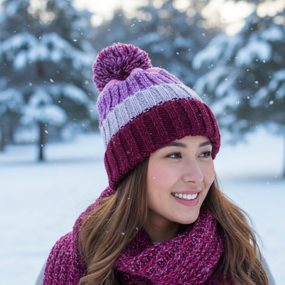 Foxbury Ladies Knitted Twist Yarn Stripe Beanie Hat with Fleece Lining Assorted One Size Pack of 1 GL1282