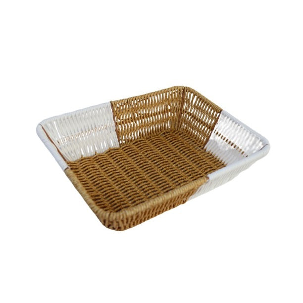 Dura Rectangular Woven Storage Basket Brown and White 26.5cm x 20.5cm x 8cm DS004 | Multi-Purpose Rattan Style Organizer Tray | Durable Plastic Weave Design | Ideal for Kitchen-Bathroom or Office Use | Lightweight and Easy to Clean