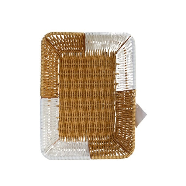 Dura Rectangular Woven Storage Basket Brown and White 26.5cm x 20.5cm x 8cm DS004 | Multi-Purpose Rattan Style Organizer Tray | Durable Plastic Weave Design | Ideal for Kitchen-Bathroom or Office Use | Lightweight and Easy to Clean