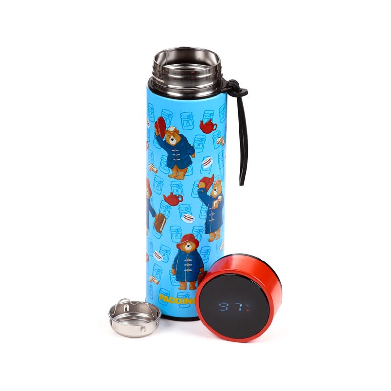 Puckator Paddington Insulated Bottle-Digital Thermometer Multicolour H22.5cm x W6.5cm x D6.5cm BOT342 | Touch Activated | LED Thermometer | Keeps Liquid Hot for upto 6 Hours | Keeps Liquid Cool for upto 24 Hours | Detachable Tea Strainer