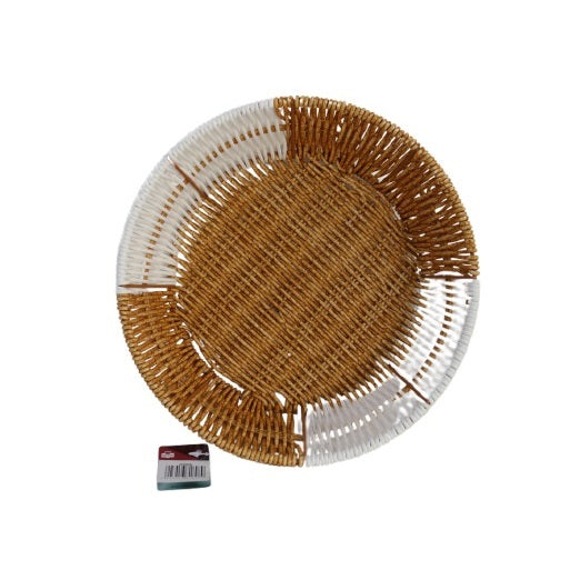 Dura Round Woven Storage Basket Brown and White 25cm x 8cm DS006 | Multi-Purpose Rattan Style Organizer Tray | Durable Plastic Weave Design | Ideal for Kitchen-Bathroom or Office Use | Lightweight and Easy to Clean