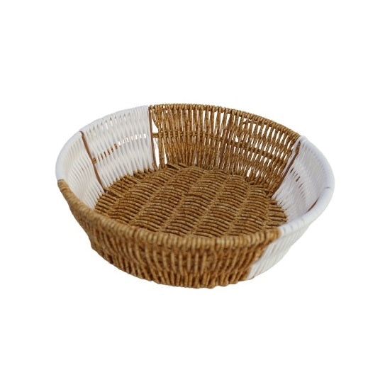 Dura Round Woven Storage Basket Brown and White 25cm x 8cm DS006 | Multi-Purpose Rattan Style Organizer Tray | Durable Plastic Weave Design | Ideal for Kitchen-Bathroom or Office Use | Lightweight and Easy to Clean