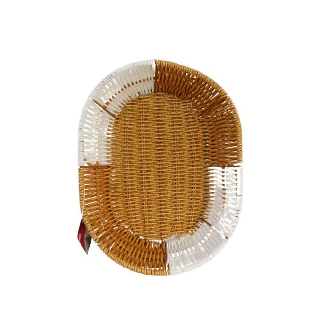 Dura Oval Woven Storage Basket Brown and White 28.5cm x 20.cm x 8cm DS005 | Multi-Purpose Rattan Style Organizer Tray | Durable Plastic Weave Design | Ideal for Kitchen-Bathroom or Office Use | Lightweight and Easy to Clean
