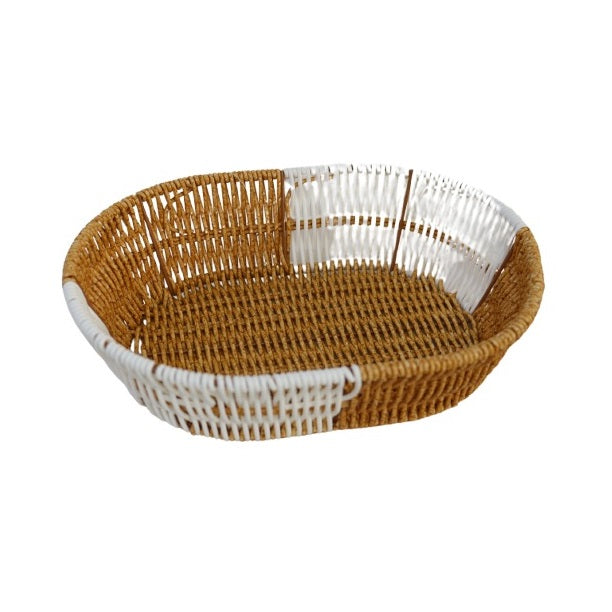 Dura Oval Woven Storage Basket Brown and White 28.5cm x 20.cm x 8cm DS005 | Multi-Purpose Rattan Style Organizer Tray | Durable Plastic Weave Design | Ideal for Kitchen-Bathroom or Office Use | Lightweight and Easy to Clean