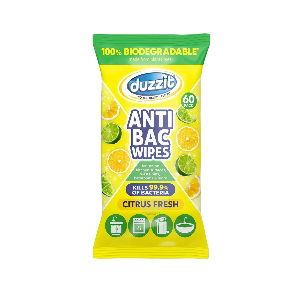 Duzzit Anti-Bac Wipes Citrus Fresh Multicoloured Pack of 60 DZT1202 | 100 Percent Biodegradable Cleaning Wipes | Made from Plant Fibres | Kills Bacteria | For Kitchen-Bathroom and Household Surfaces | Long Lasting Fresh Scent