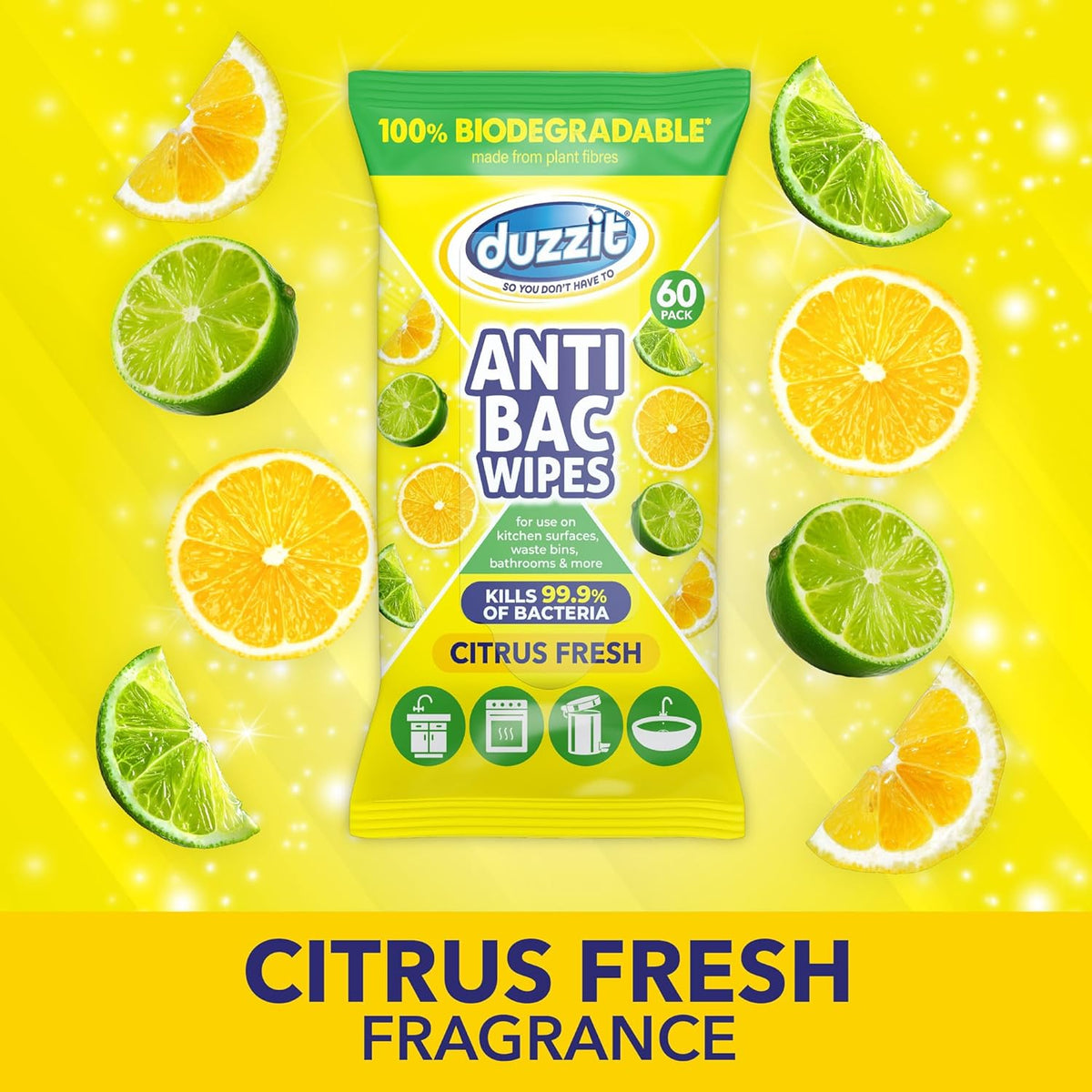 Duzzit Anti-Bac Wipes Citrus Fresh Multicoloured Pack of 60 DZT1202 | 100 Percent Biodegradable Cleaning Wipes | Made from Plant Fibres | Kills Bacteria | For Kitchen-Bathroom and Household Surfaces | Long Lasting Fresh Scent