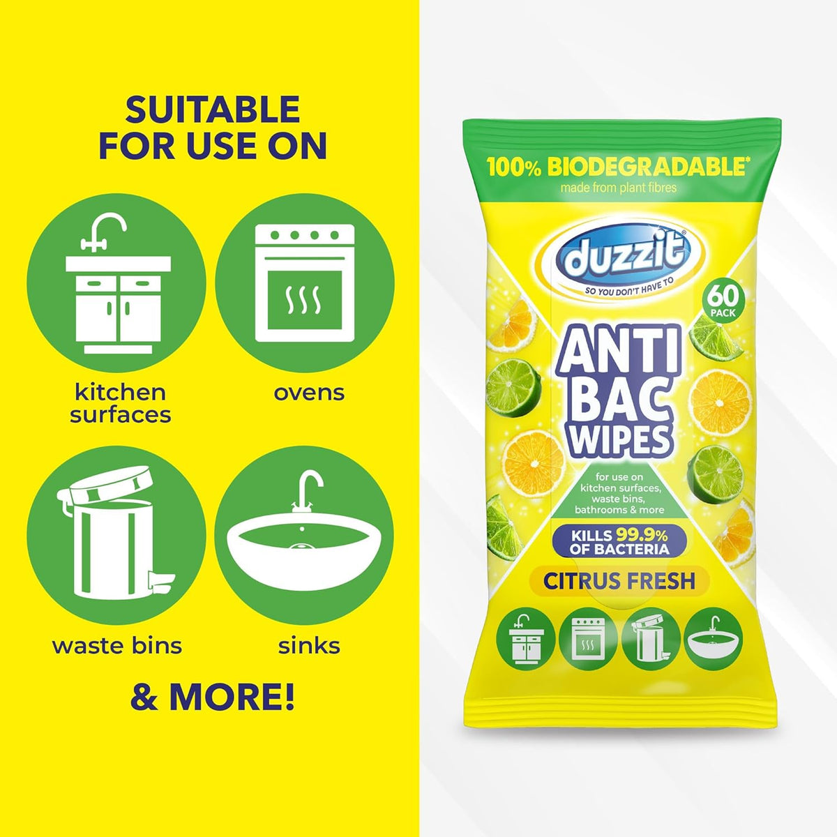 Duzzit Anti-Bac Wipes Citrus Fresh Multicoloured Pack of 60 DZT1202 | 100 Percent Biodegradable Cleaning Wipes | Made from Plant Fibres | Kills Bacteria | For Kitchen-Bathroom and Household Surfaces | Long Lasting Fresh Scent