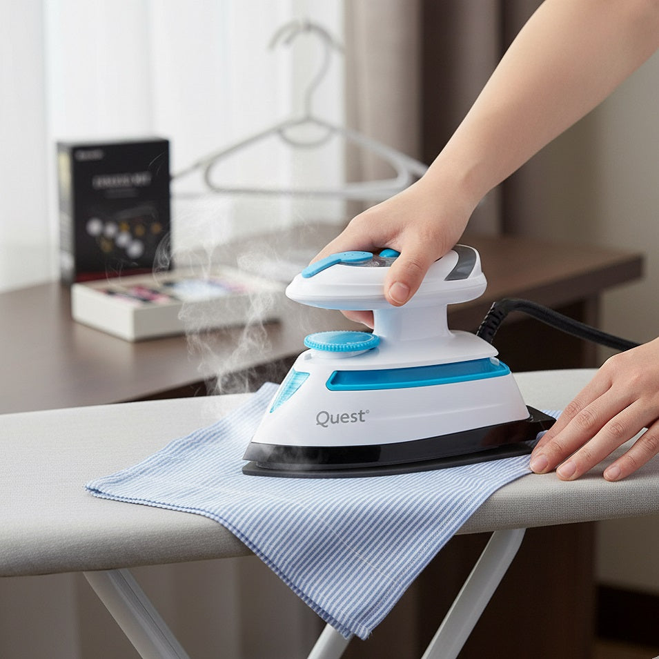 Quest Dual Voltage Travel Steam Iron White 14.3cm x 7.8cm x 9.5cm 408W 34000 | Heats up in 30 Seconds | Steam Output | 30ml Capacity | Non-Stick Soleplate | 1.9 Meter Cable | Variable Steam Function | Cable Clip | Temperature Dial Function
