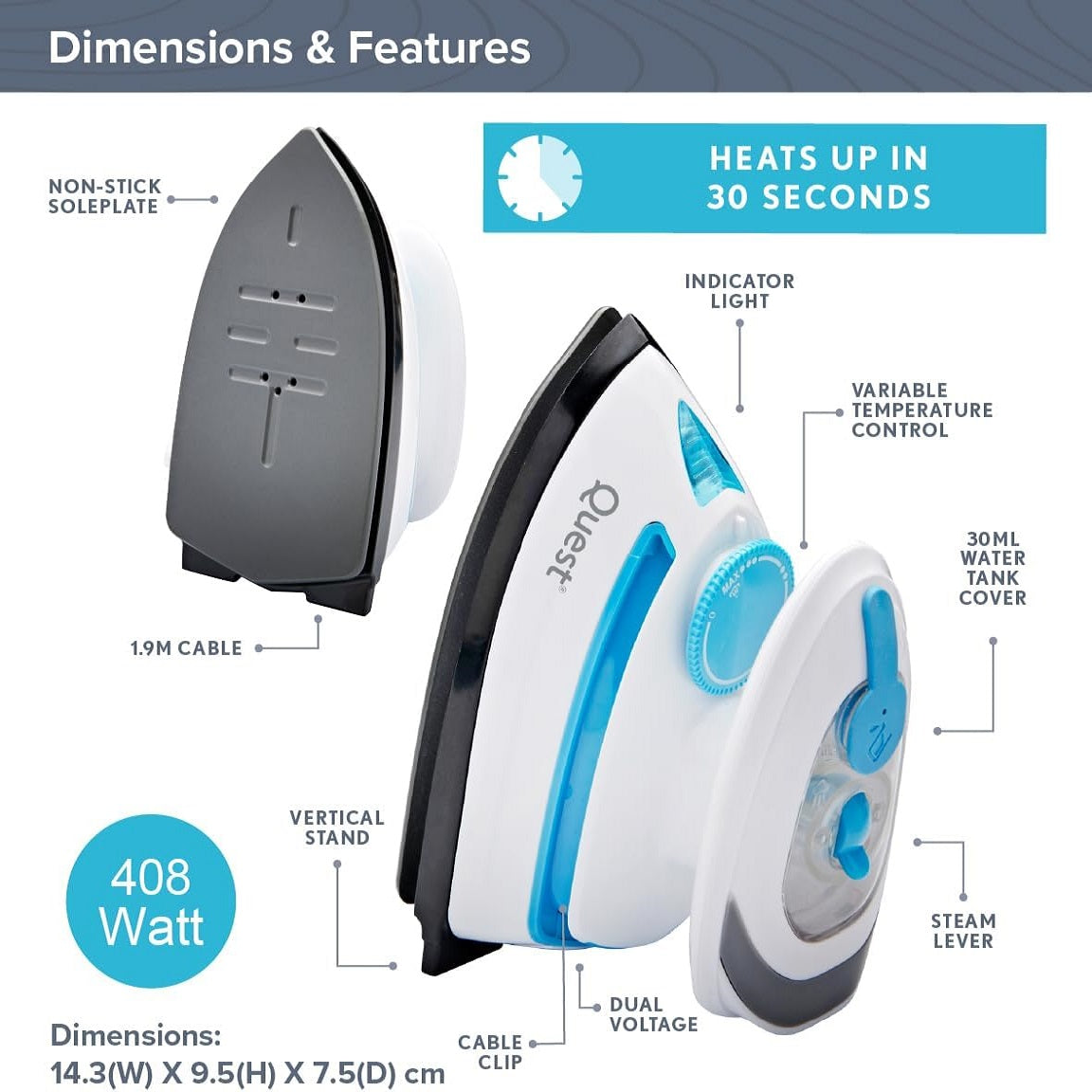 Quest Dual Voltage Travel Steam Iron White 14.3cm x 7.8cm x 9.5cm 408W 34000 | Heats up in 30 Seconds | Steam Output | 30ml Capacity | Non-Stick Soleplate | 1.9 Meter Cable | Variable Steam Function | Cable Clip | Temperature Dial Function