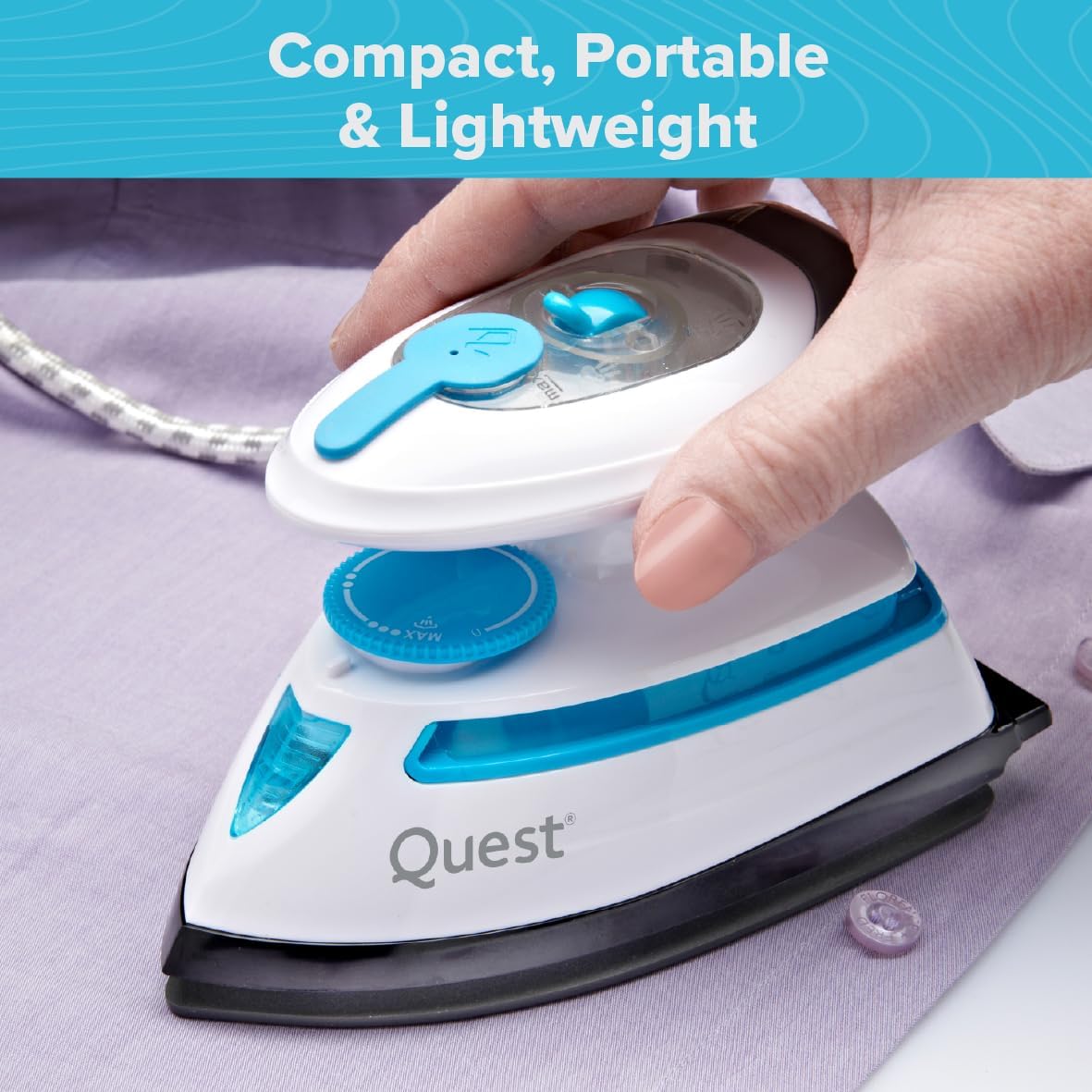 Quest Dual Voltage Travel Steam Iron White 14.3cm x 7.8cm x 9.5cm 408W 34000 | Heats up in 30 Seconds | Steam Output | 30ml Capacity | Non-Stick Soleplate | 1.9 Meter Cable | Variable Steam Function | Cable Clip | Temperature Dial Function