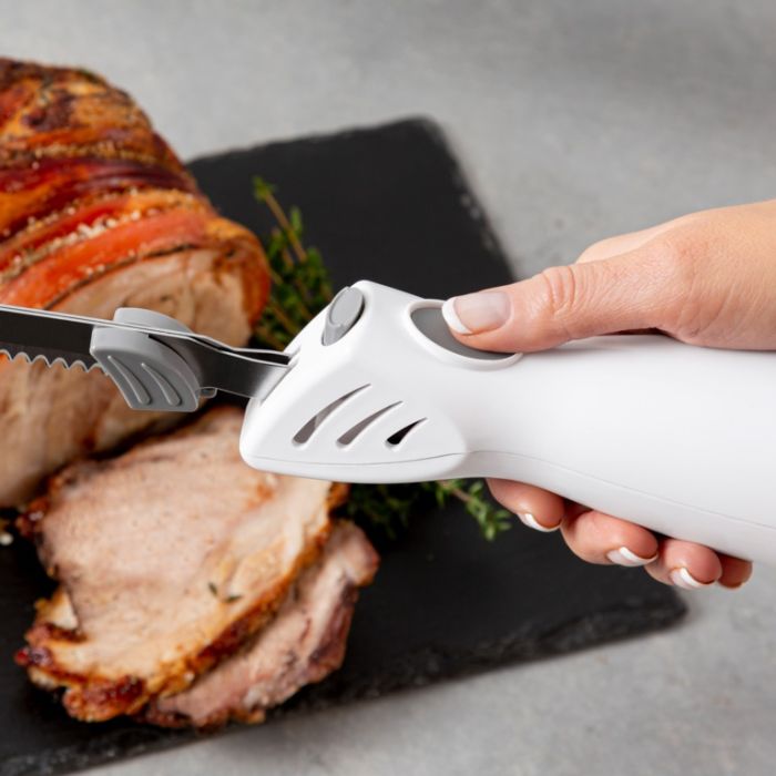 Tower Presto Electric Knife White 100W PT19027WHT | Durable Twin Blades | Slice Meat-Poultry and Bread | Dishwasher Safe Blades | Precise and Effortless Cutting | Twin Serrated Blades | Comfort Grip Handle for Precision Control | Safety Lock System and Eject Button for Easy Blade Removal | Lightweight and Compact