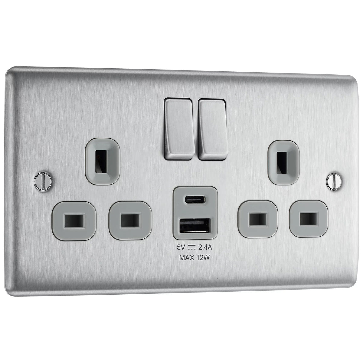 BG Nexus Metal Brushed Steel Double Switched 13A Power Socket Plus 12W USB C Plus USB A Chrome NBS22UAC12G
