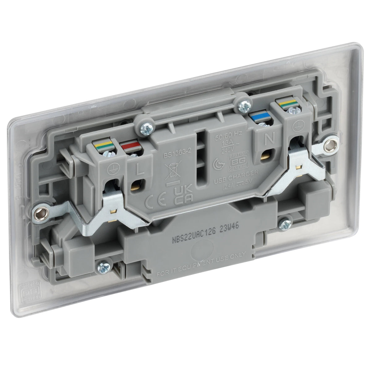 BG Nexus Metal Brushed Steel Double Switched 13A Power Socket Plus 12W USB C Plus USB A Chrome NBS22UAC12G