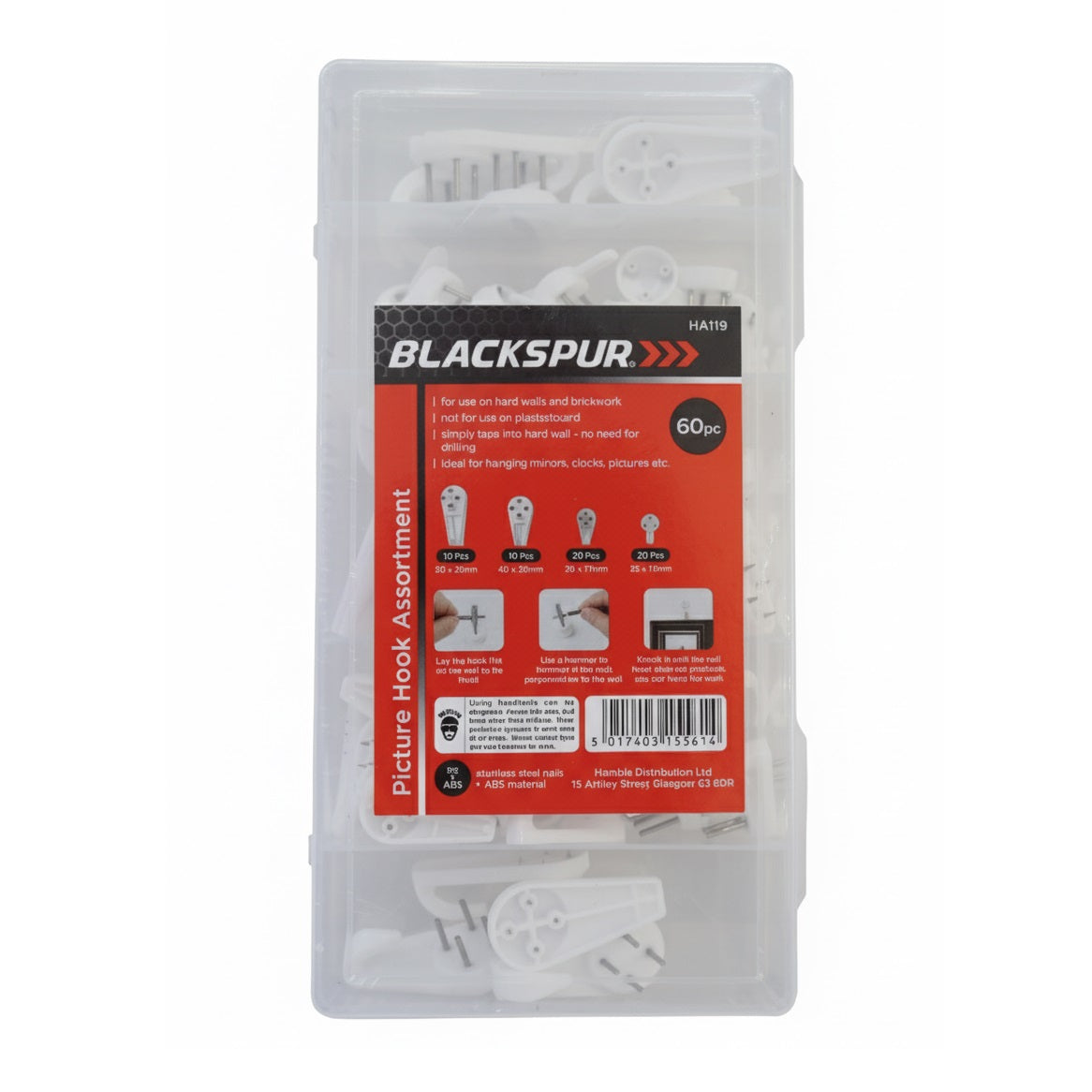 Blackspur Picture Hook Assortment White 60-Piece HA119 | For Use on Hard Walls and Brickwork | Ideal for Hanging Mirrors Clocks Pictures etc
