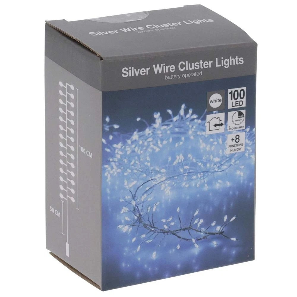 Battery Operated Silver Wire 100 LED Cluster Lights with Timer White AX8720770
