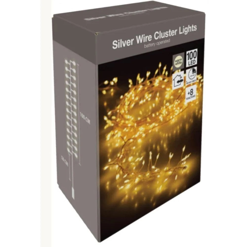 Battery Operated Silver Wire 100 LED Cluster Lights with Timer Warm White AX8720870