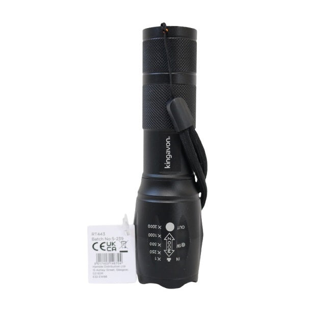 Kingavon Aluminium LED Flashlight Black RT443 | Adjustable Focus Zoom Flashlight | 5W | Ultra Bright | Water-Resistant | Wrist Strap Included | Ideal for Camping-Hiking and Emergency Use