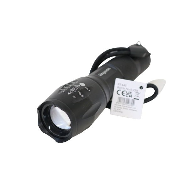 Kingavon Aluminium LED Flashlight Black RT443 | Adjustable Focus Zoom Flashlight | 5W | Ultra Bright | Water-Resistant | Wrist Strap Included | Ideal for Camping-Hiking and Emergency Use