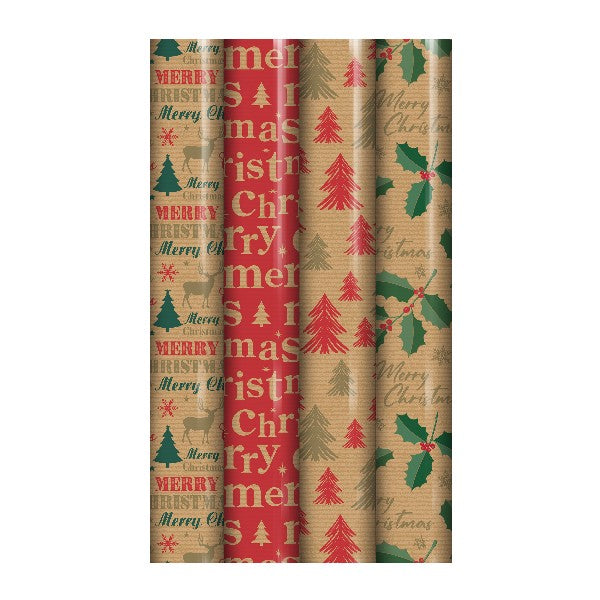 Clairefontaine Eurowrap Recyclable Kraft Christmas Festive Gift Wrap Multicoloured 3Mtr x 70cm Pack of 1 X-32640-GWC | Assorted Designs | Perfect for Holiday Presents