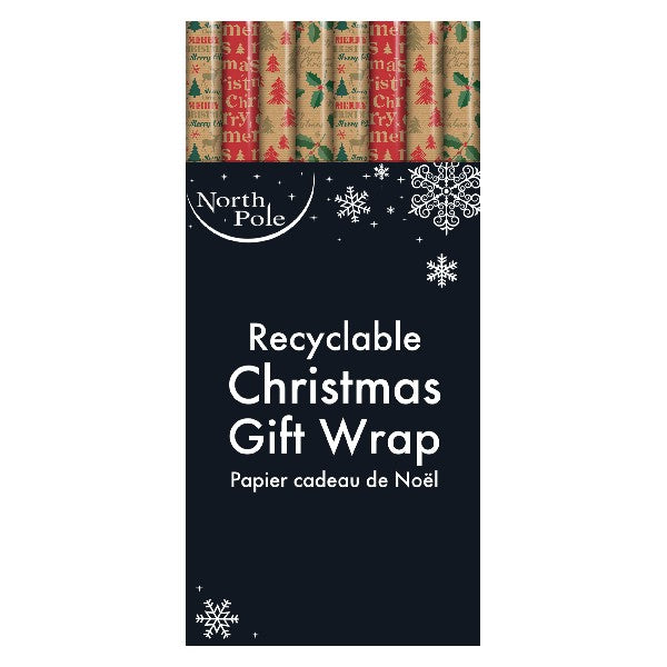 Clairefontaine Eurowrap Recyclable Kraft Christmas Festive Gift Wrap Multicoloured 3Mtr x 70cm Pack of 1 X-32640-GWC | Assorted Designs | Perfect for Holiday Presents
