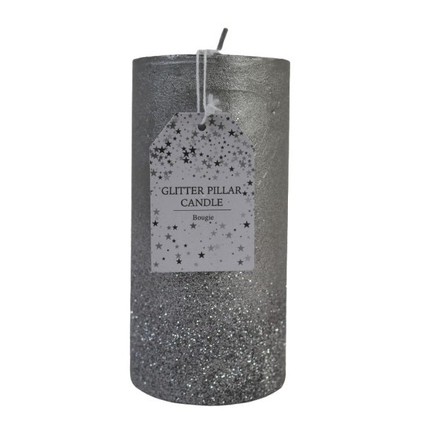 SiL Glitter Pillar Candle Grey 7cm x 14cm XMS1737 | Decorative Sparkle Candle | For Parties-Weddings and Home Decor