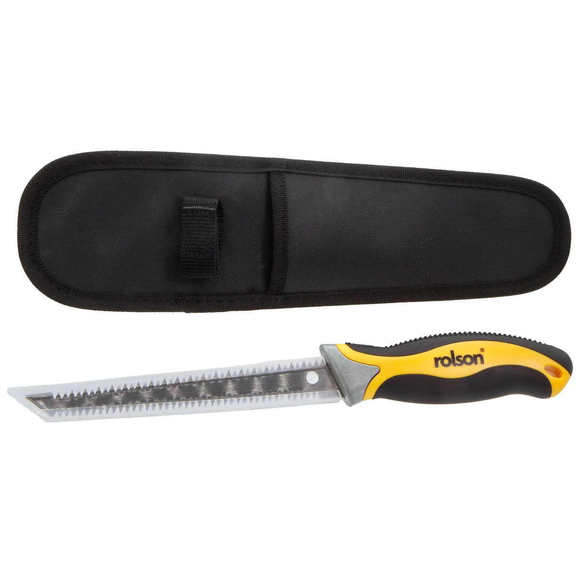 Rolson Jab-Plasterboard Saw with Sheath Black and Yellow 150mm 58307 | 7 TPI Sharp Double Sided Hardpoint Blade | Sharpened Point for Starting Plunge Cuts | Comfortable Contoured Soft Grip | Overall Length 315mm | Blade Length 150mm | Complete with Sheath with Belt Loop on Back | Suitable for Belts up to 75mm Wide