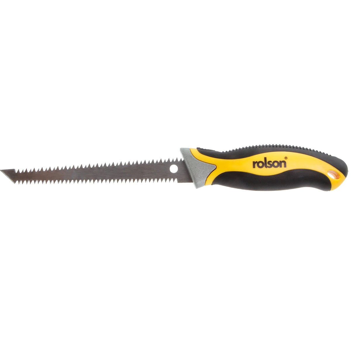 Rolson Jab-Plasterboard Saw with Sheath Black and Yellow 150mm 58307 | 7 TPI Sharp Double Sided Hardpoint Blade | Sharpened Point for Starting Plunge Cuts | Comfortable Contoured Soft Grip | Overall Length 315mm | Blade Length 150mm | Complete with