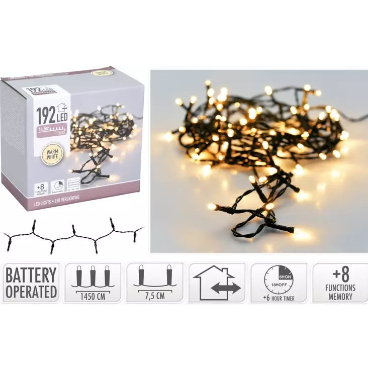 192 LED Warm White Christmas Lights Black 14.5Mtr AX9810160 | With 8 Memory Functions | Perfect for Holiday Decorations | 6Hr Timer