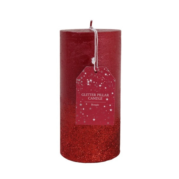 SiL Glitter Pillar Candle Red 7cm x 14cm XMR1824 | Decorative Sparkle Candle | For Parties-Weddings and Home Decor