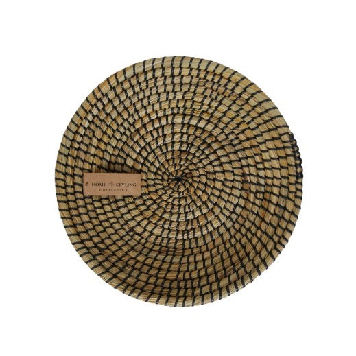 Home and Styling Round Natural Woven Basket Black and Brown 35cm BD3000110 | Handcrafted Seagrass Decorative Basket | Rustic Table Centrepiece or Fruit Basket | Eco-Friendly Storage Basket for Kitchen or Living Room