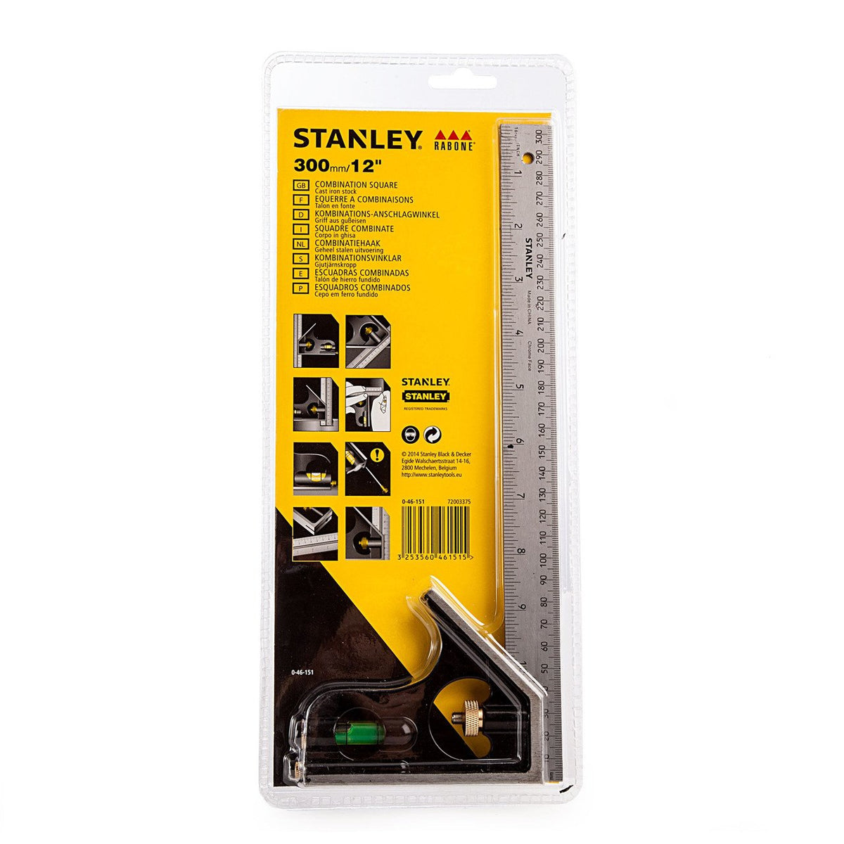 Stanley Combination Square Etched Rule Black and Silver 300mm 0-46-151