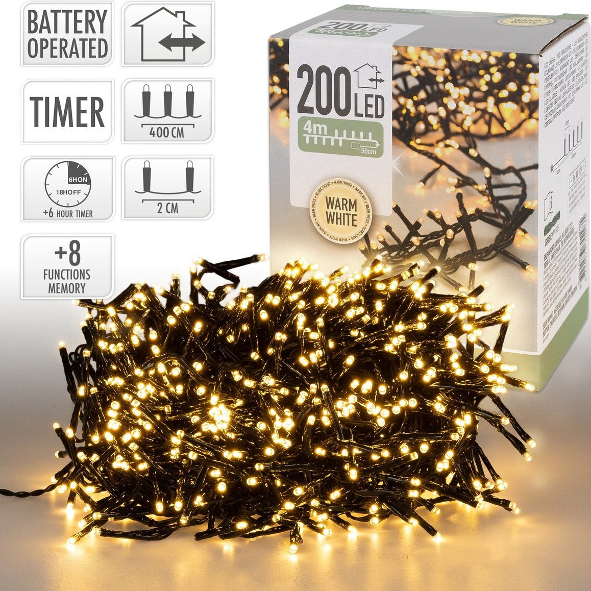 200 Warm White Christmas Lights Black 4Mtr AX8417710 | With 8 Memory Functions | Perfect for Holiday Decorations | 6Hr Timer