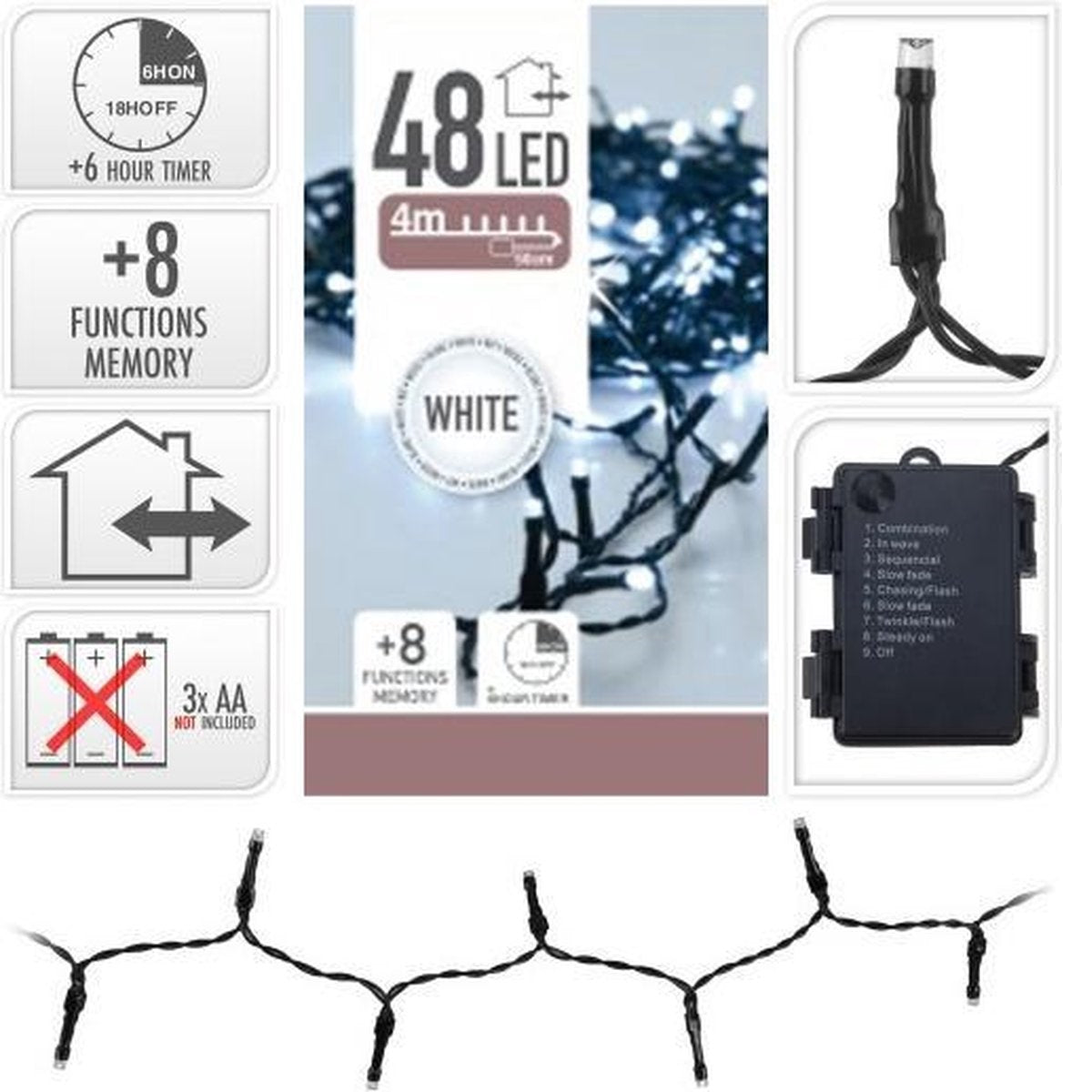 48 White Christmas Lights Black 3.5Mtr AX9810020 | With 8 Memory Functions | Perfect for Holiday Decorations | 6Hr Timer