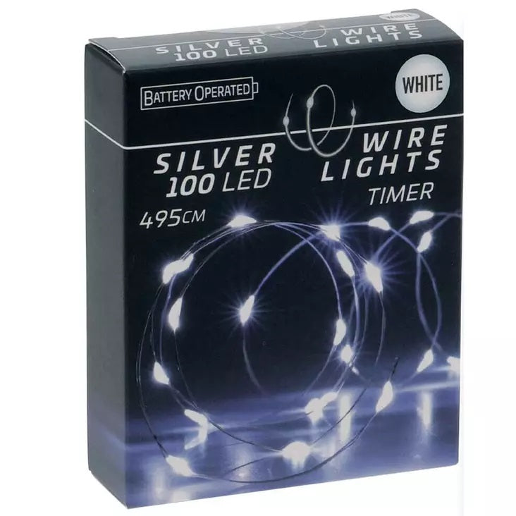 Battery Operated Silver Wire 100 LED Lights with Timer White 495cm AX9730540