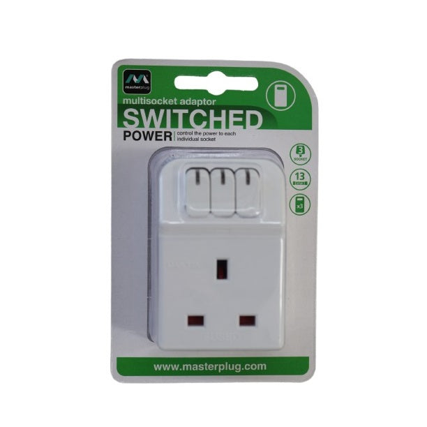 Masterplug 3-Way Switched Multisocket Adaptor White 83mm x 55mm x 85mm MSWG3 | 13A Fused Plug Extension | Control Power to Each Individual Socket