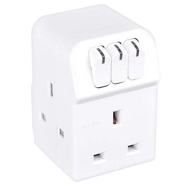 Masterplug 3-Way Switched Multisocket Adaptor White 83mm x 55mm x 85mm MSWG3 | 13A Fused Plug Extension | Control Power to Each Individual Socket
