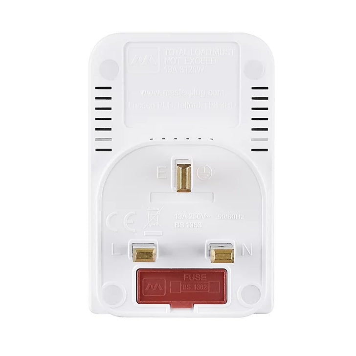Masterplug 3-Way Switched Multisocket Adaptor White 83mm x 55mm x 85mm MSWG3 | 13A Fused Plug Extension | Control Power to Each Individual Socket