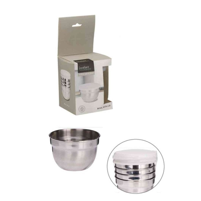Excellent Houseware Stainless Steel Bowls with Lids Chrome 8cm x 5.5cm 200ml Pack of 4 A12441960 | Food Storage Containers | Durable and Reusable