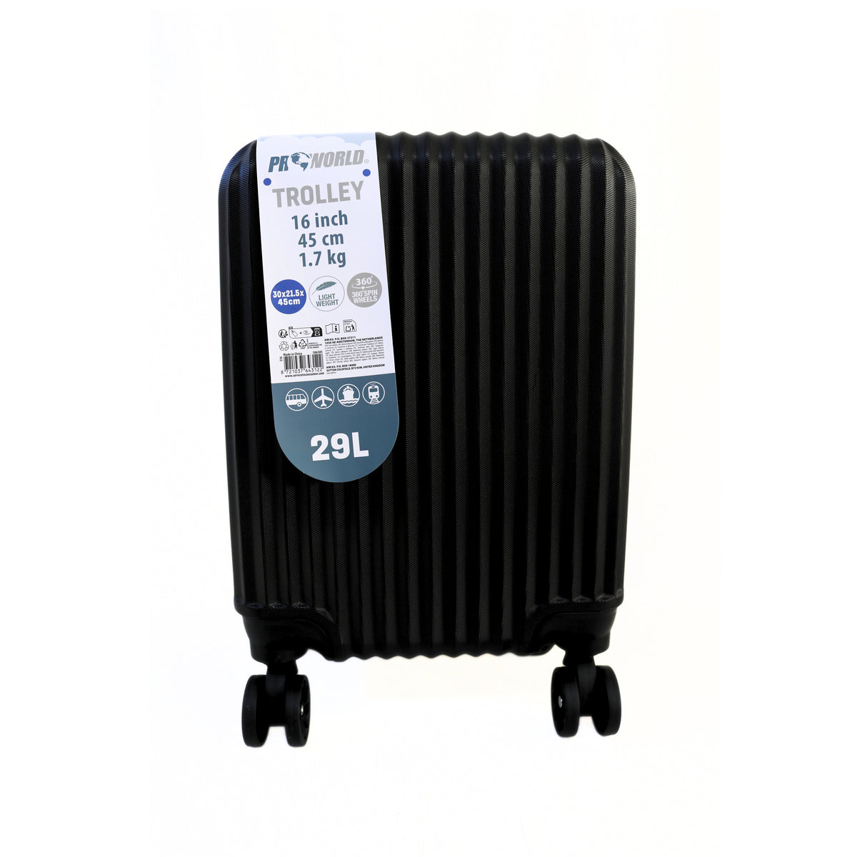 ProWorld Suitcase Trolley Black 29Ltr 30cm x 21.5cm x 45cm S16400100 | Lightweight | 360 Degree Spin Wheels