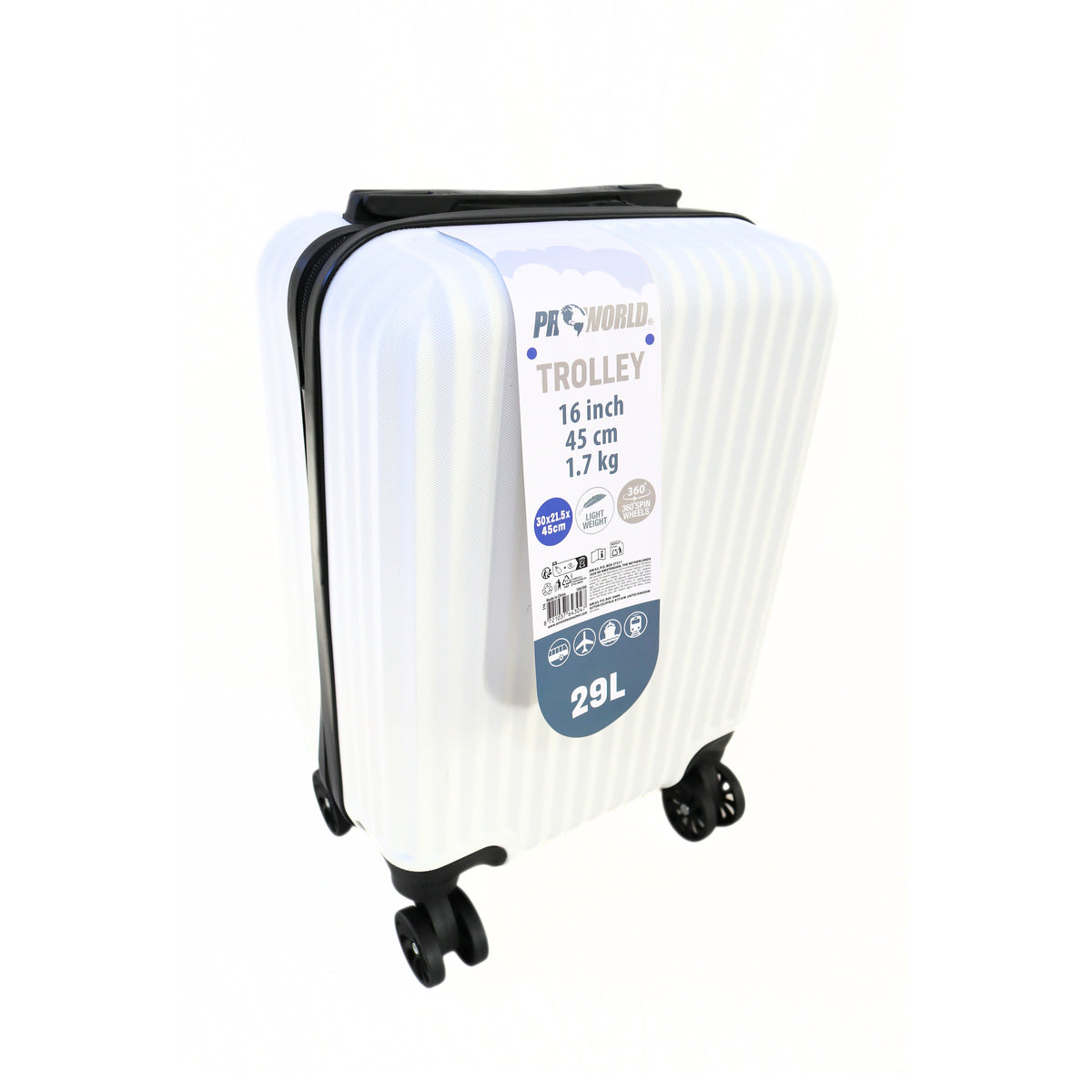 ProWorld Suitcase Trolley White 29Ltr 30cm x 21.5cm x 45cm S16400090 | Lightweight | 360 Degree Spin Wheels