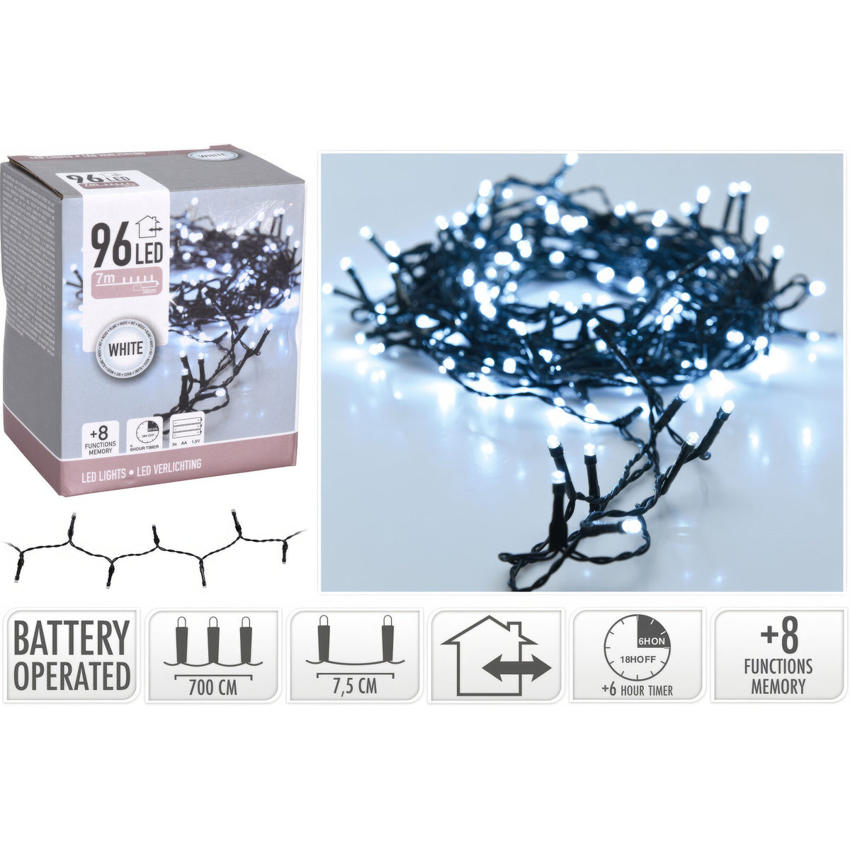 96 LED White Christmas Lights Black 7Mtr AX9810040 | With 8 Memory Functions | Perfect for Holiday Decorations | 6Hr Timer