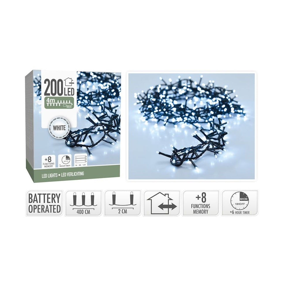200 LED White Christmas Lights Black 4Mtr AX8417700 | With 8 Memory Functions | Perfect for Holiday Decorations | 6Hr Timer