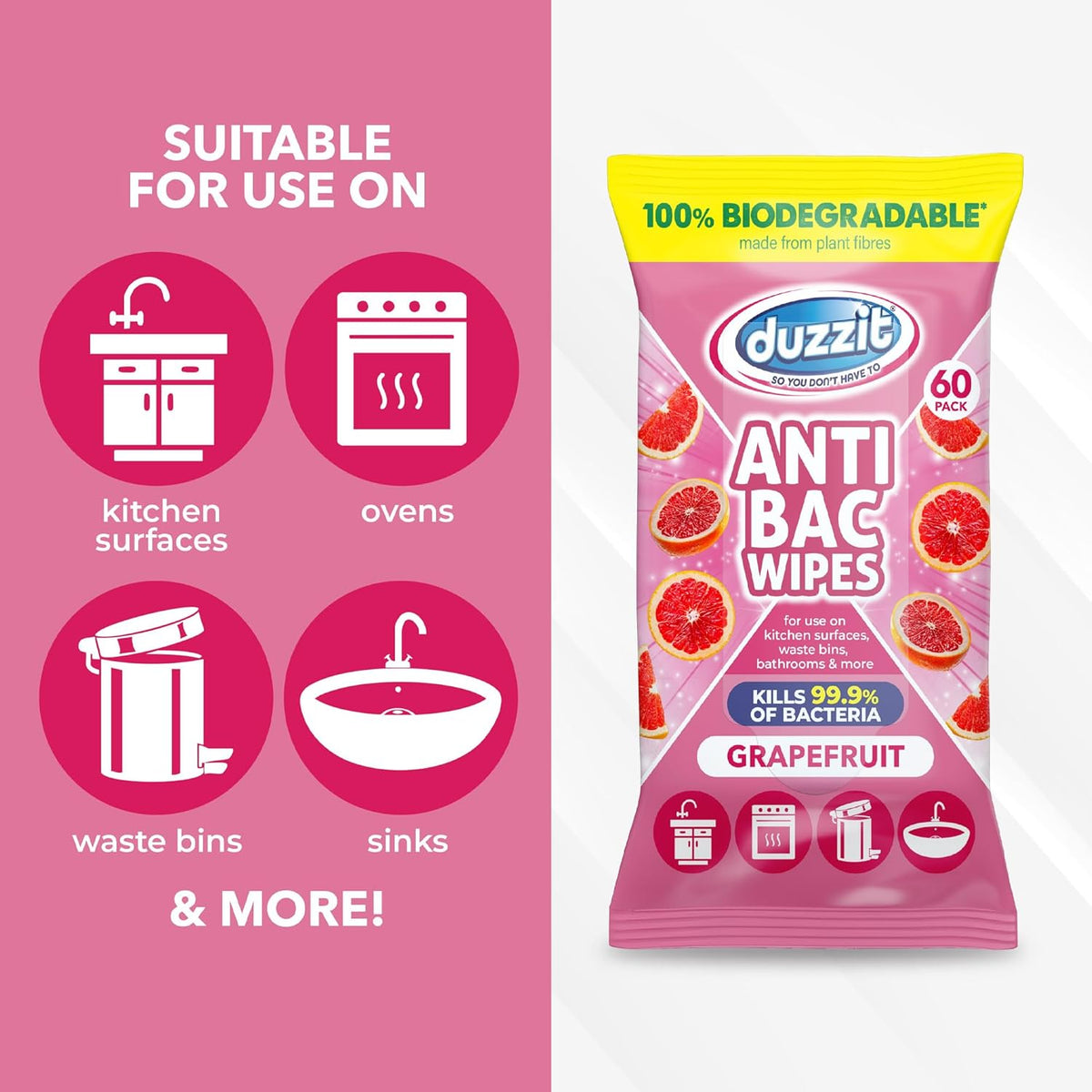 151 Duzzit Anti-Bac Wipes Grapefruit White Pack of 60 DZT1203 | 100 Percent Biodegradable | Kills Bacteria | Multi-Surface Cleaner | For Kitchen Surface | Waste Bins | Bathroom and More