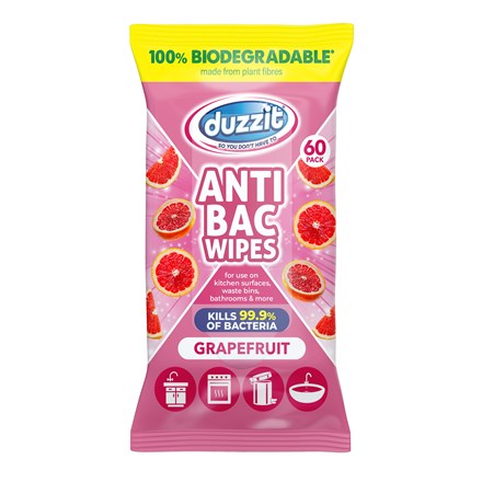 151 Duzzit Anti-Bac Wipes Grapefruit White Pack of 60 DZT1203 | 100 Percent Biodegradable | Kills Bacteria | Multi-Surface Cleaner | For Kitchen Surface | Waste Bins | Bathroom and More