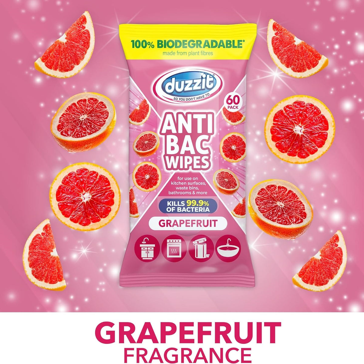 151 Duzzit Anti-Bac Wipes Grapefruit White Pack of 60 DZT1203 | 100 Percent Biodegradable | Kills Bacteria | Multi-Surface Cleaner | For Kitchen Surface | Waste Bins | Bathroom and More