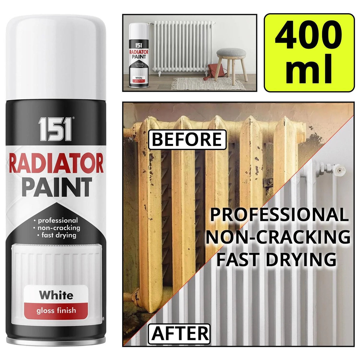 151 Radiator Spray Paint White Gloss Finish 400ml TAR087 | For DIY and Repairs | Professional | Fast Drying | Non-Cracking | Coat Radiators Inside of Your Home
