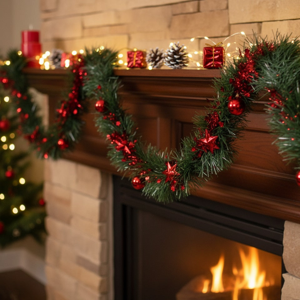 Christmas Decoration Tinsel Garland with Red Bubbles Green 274cm CAA754460